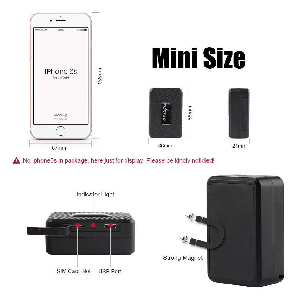 A mini GPS tracker mock-up for iPhone 6S Gold with dimensions 67mm x 36mm x 21mm, featuring an indicator light, strong magnet, SIM card slot, and USB port.