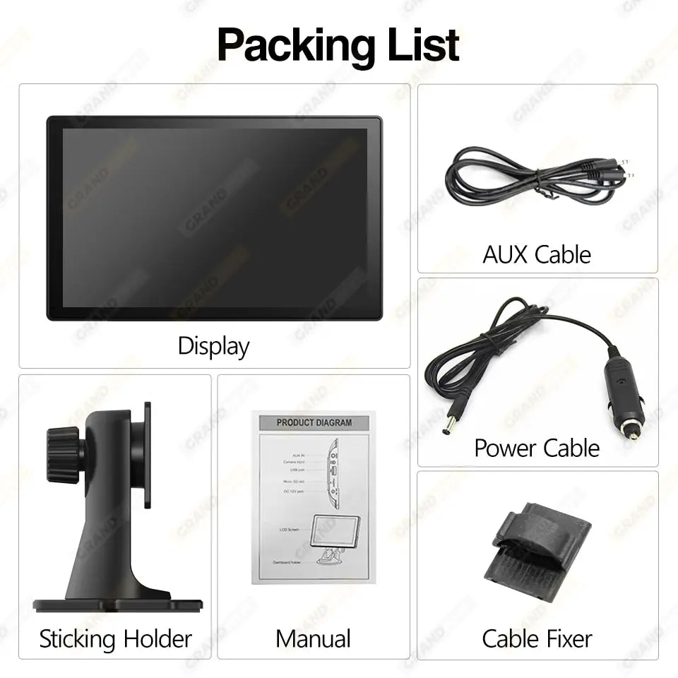 A packing list includes several items such as an AUX cable, display product diagram, power cable, CE sticker holder manual, and cable fixer.