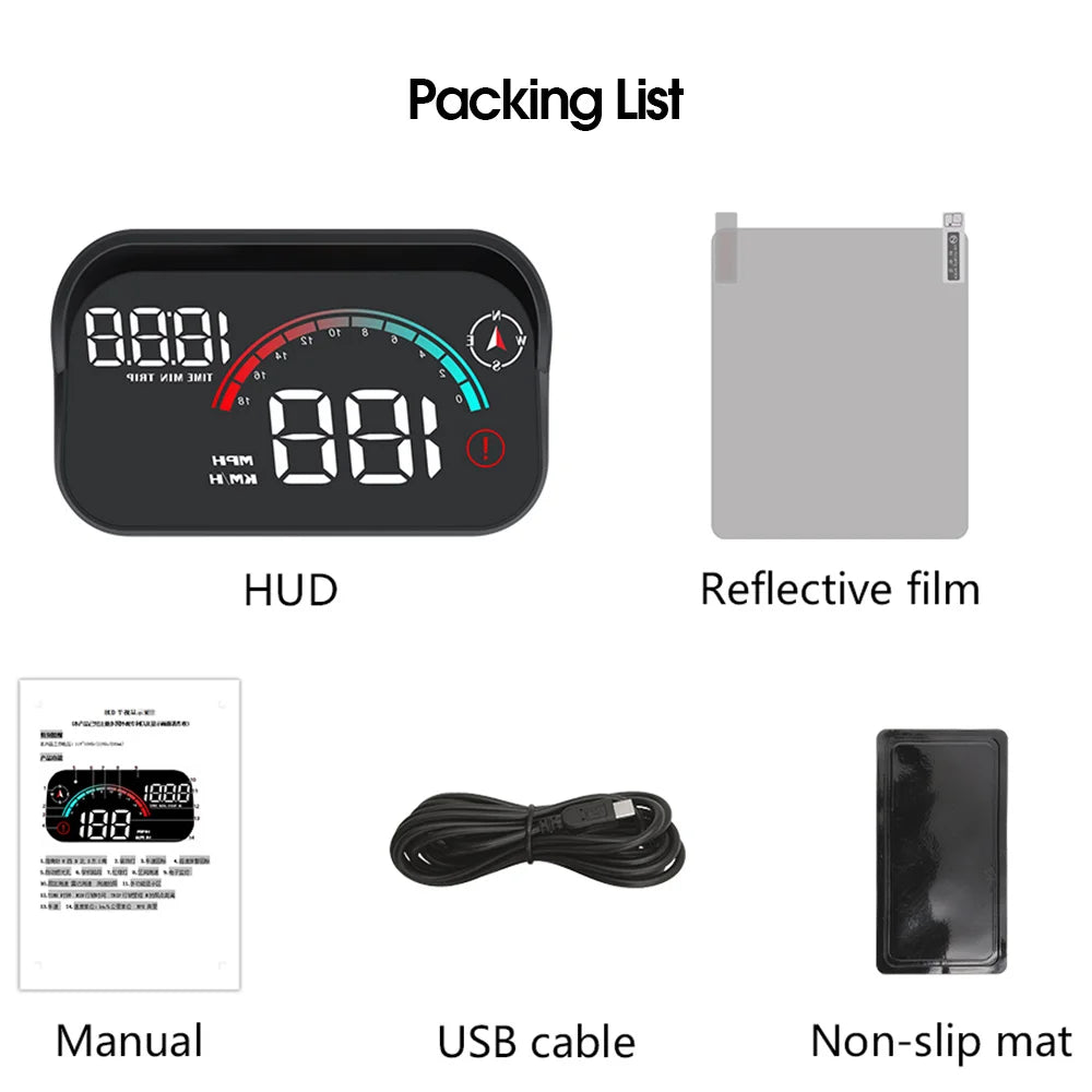 A product image and packing list for a HUD GPS Speedometer.