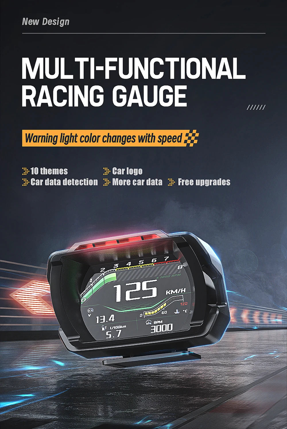 A racing gauge with warning light color changing with speed, featuring 10 themes and displaying car logo and data.