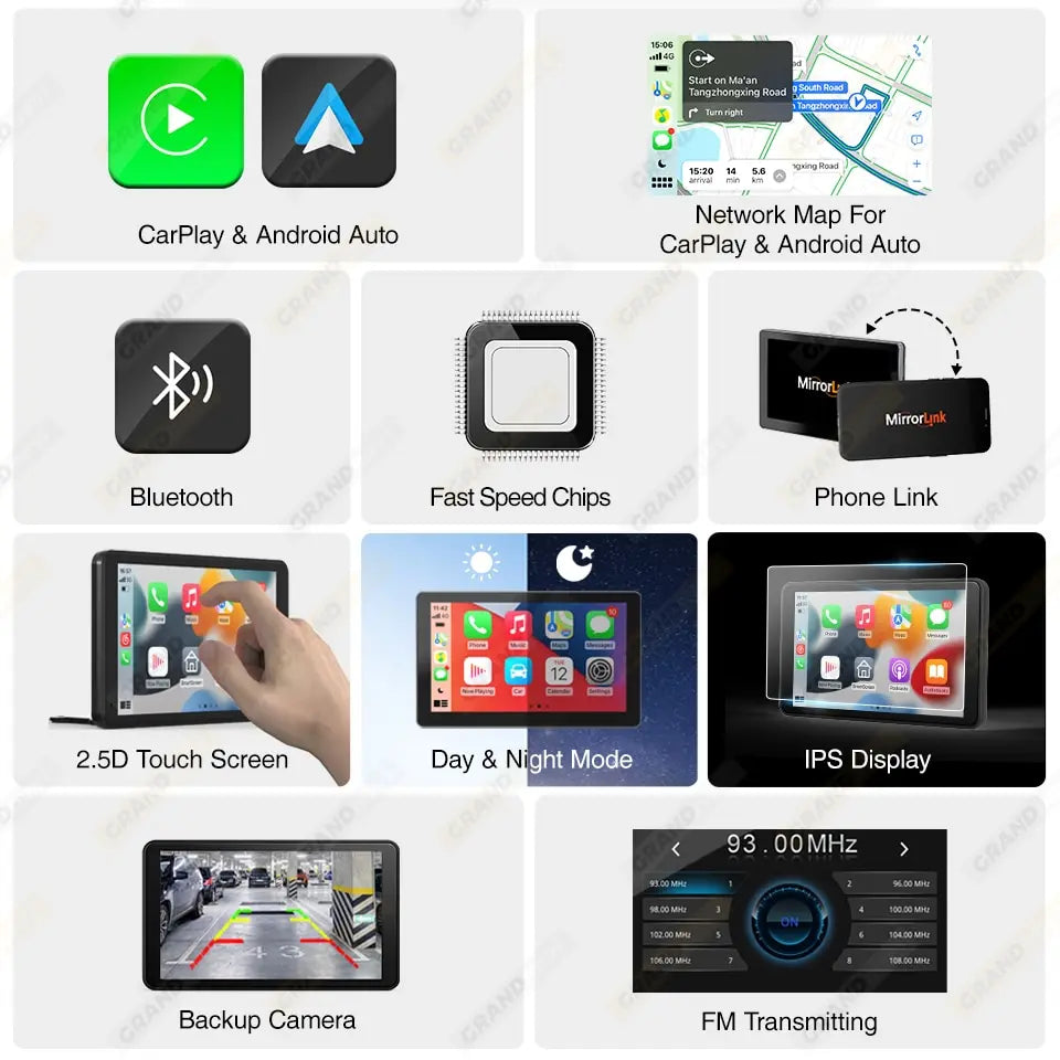 A universal car radio product image featuring Android Auto and CarPlay connectivity, with additional features like backup camera input.