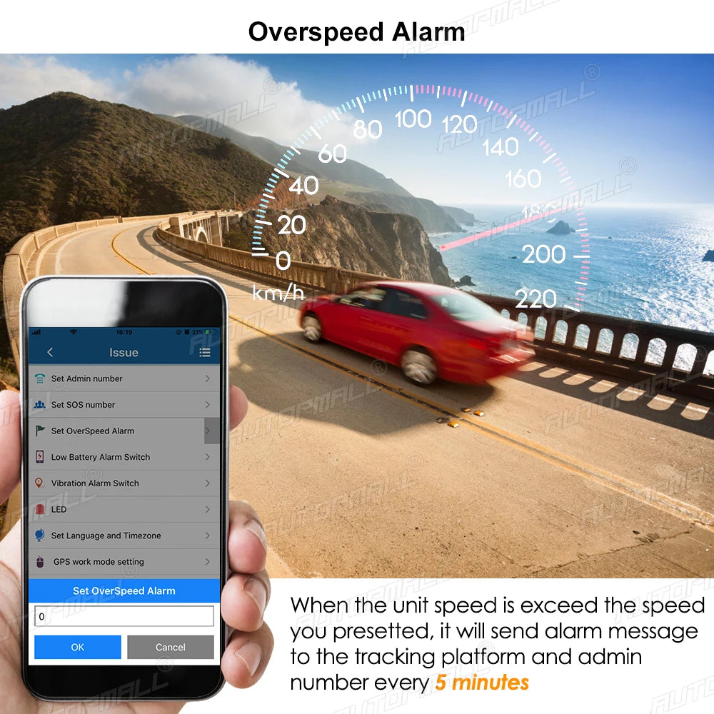 AUTOPMALL Car GPS, Configure overspeed alarm levels, admin and SOS numbers, and set language and timezone for GPS device.