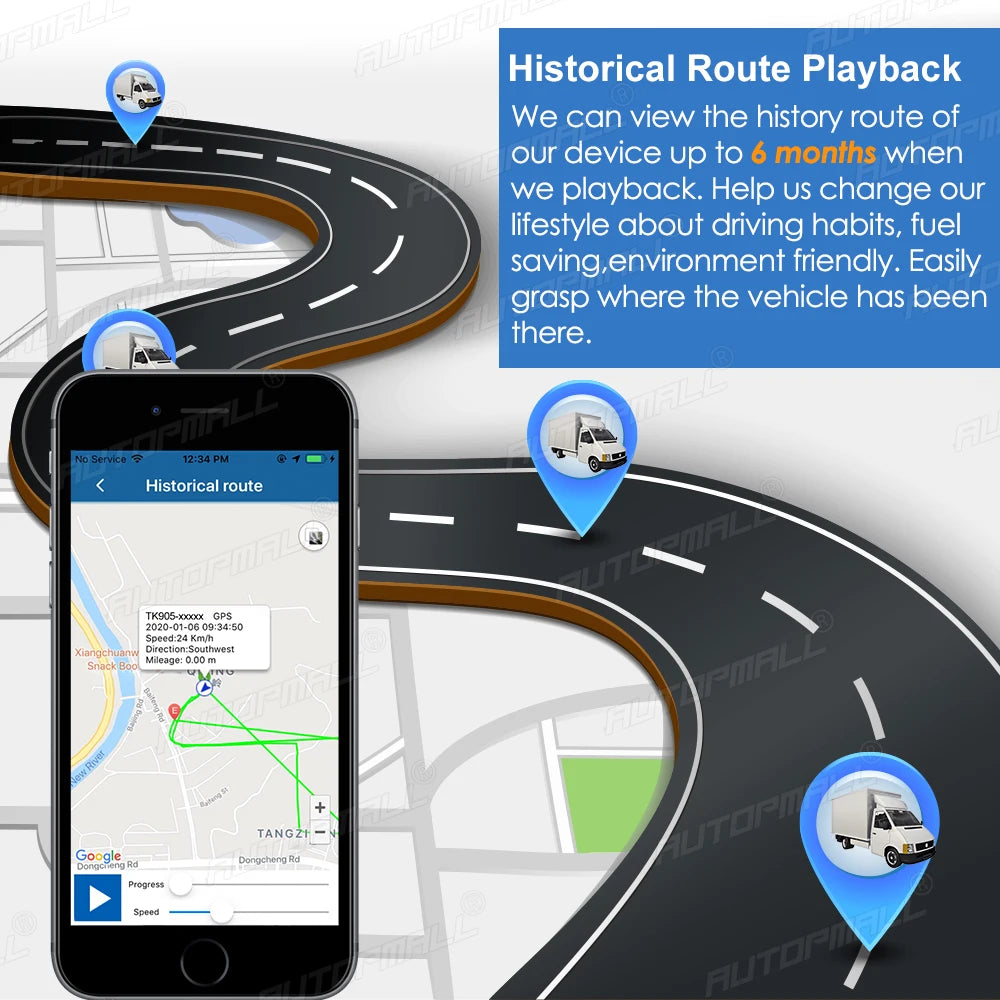 AUTOPMALL Car GPS, Historical Route Playback allows tracking device routes up to six months ago for better driving habits and environmental impact.