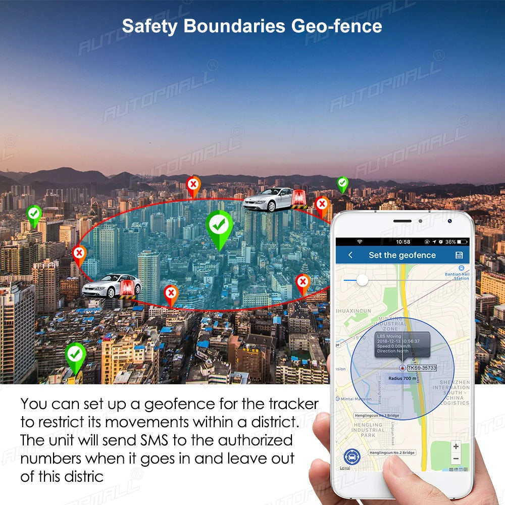 AUTOPMALL Car GPS, Set geofences on TK905 car tracker to restrict movement within a district, sending SMS notifications upon entry/exit.