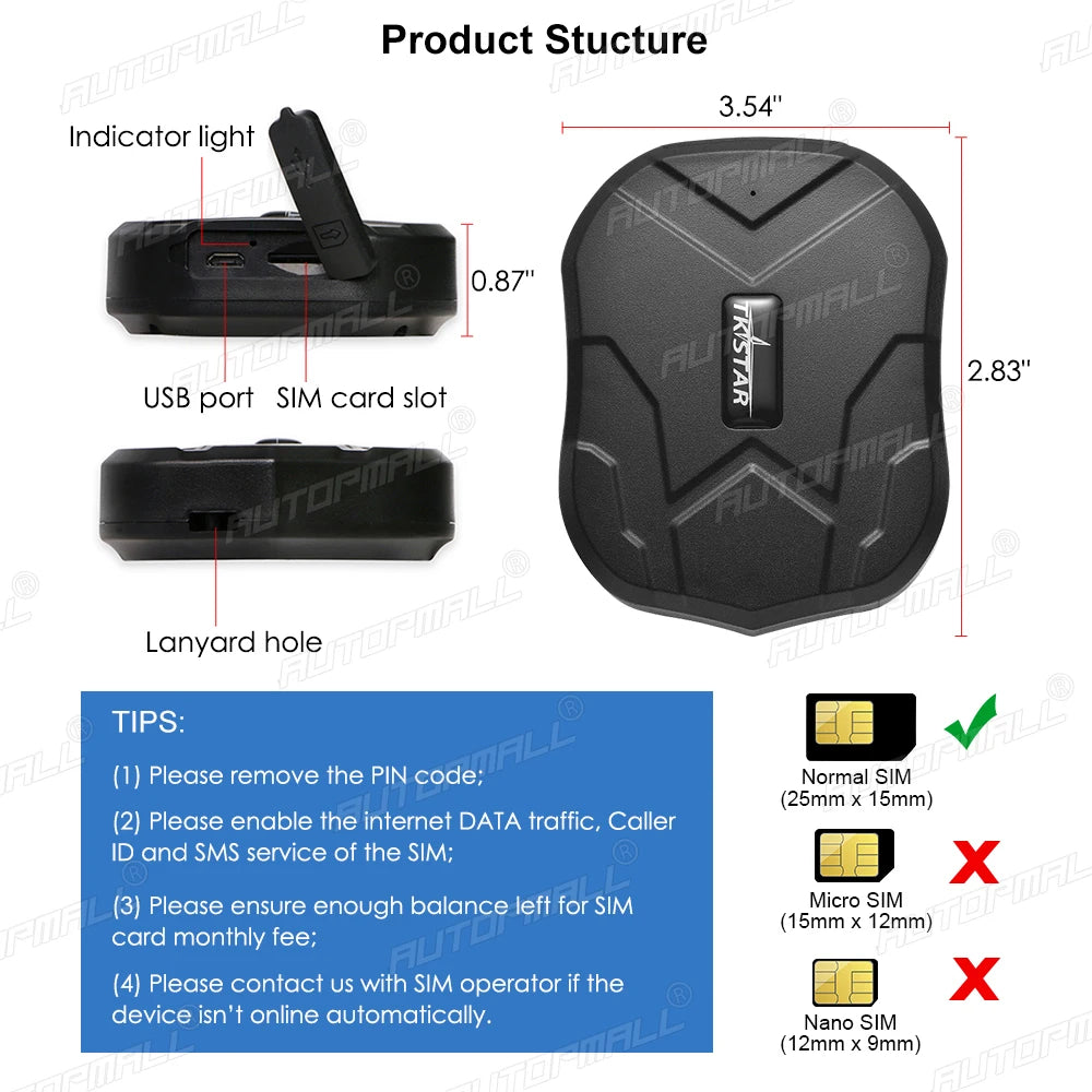 AUTOPMALL Car GPS, The product has an indicator light and USB/SIM card slot, with TIPS for removing PIN codes, enabling internet services, and ensuring sufficient balance.