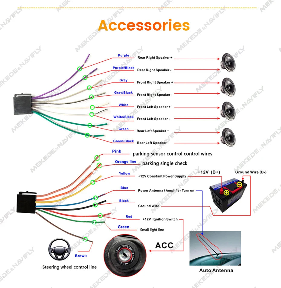 Accessories for car audio and electronics, including speakers, sensors, power supplies, and control lines.