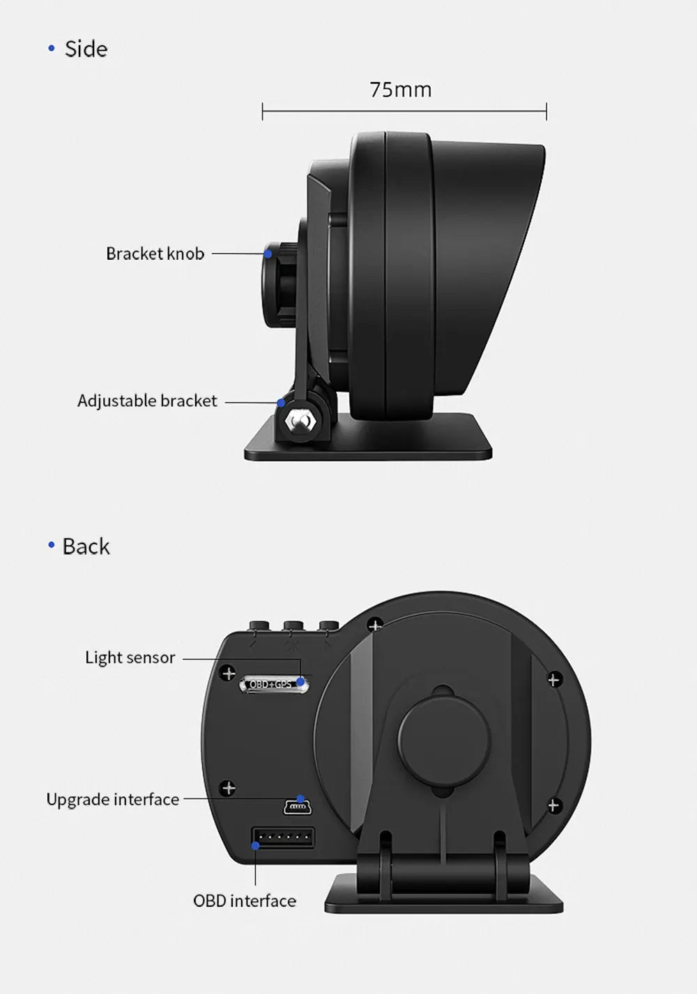 Adjustable side mount bracket with backlight sensor and OBD compatibility for upgrading O8DEGES interfaces.