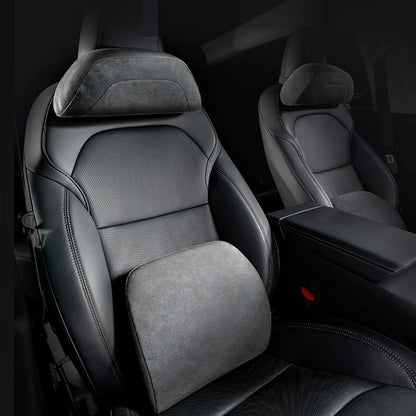 Alcantara Memory Foam Headrest & Lumbar Support Pillow Set for Tesla Model 3 / Model Y / Model S / Model X / Cybertruck – Ergonomic Neck & Back Cushion, Adjustable Strap, OEM-Style Interior Upgrade