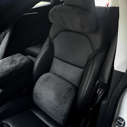 Alcantara Memory Foam Headrest & Lumbar Support Pillow Set for Tesla Model 3 / Model Y / Model S / Model X / Cybertruck – Ergonomic Neck & Back Cushion, Adjustable Strap, OEM-Style Interior Upgrade