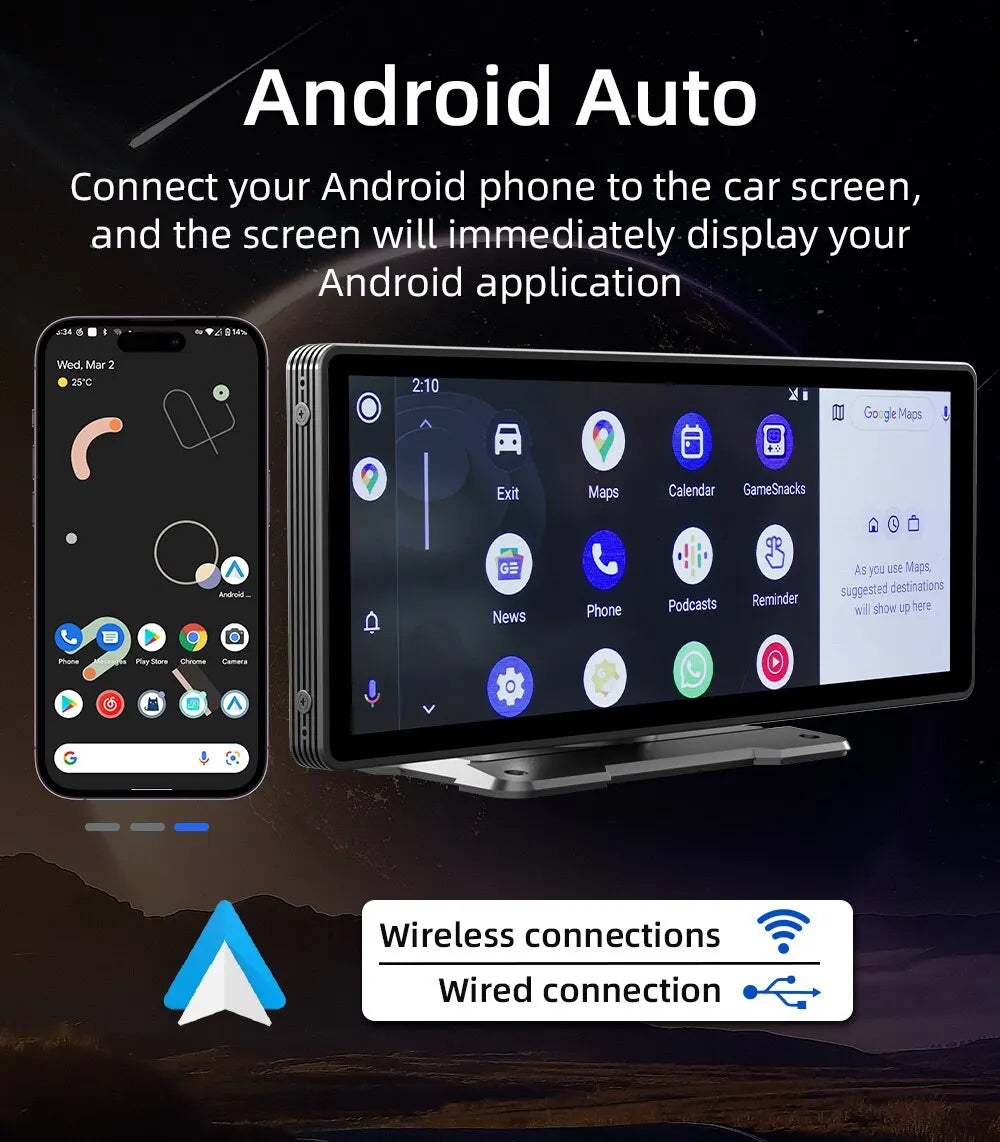 Android Auto connects phone to car screen, displaying apps like Google Maps, podcasts, reminders, and more.