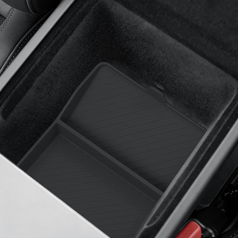 2026+ Tesla Model Y Juniper Standard Armrest Box Silicone Bottom Pad | Custom-Fit Center Console Organizer Anti-Slip Storage Insert Tray | Noise-Reducing Waterproof Console Liner Accessory