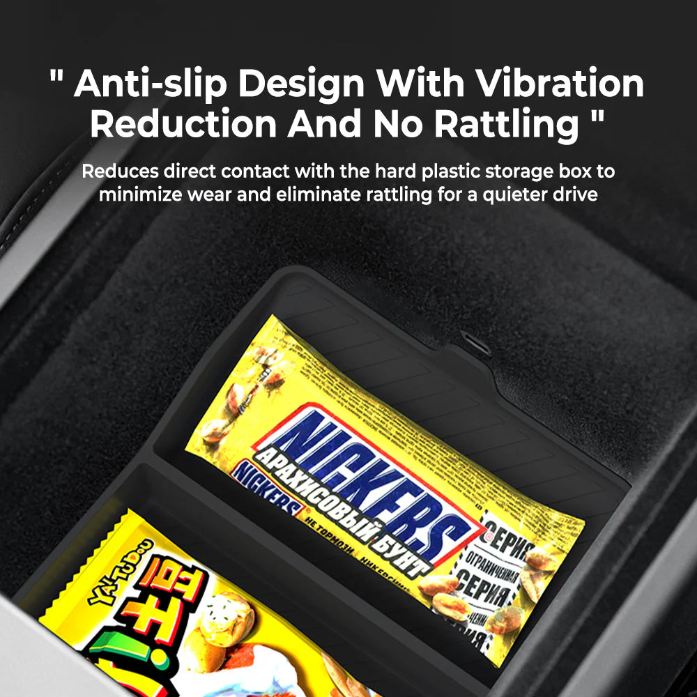 2026+ Tesla Model Y Juniper Standard Armrest Box Silicone Bottom Pad | Custom-Fit Center Console Organizer Anti-Slip Storage Insert Tray | Noise-Reducing Waterproof Console Liner Accessory