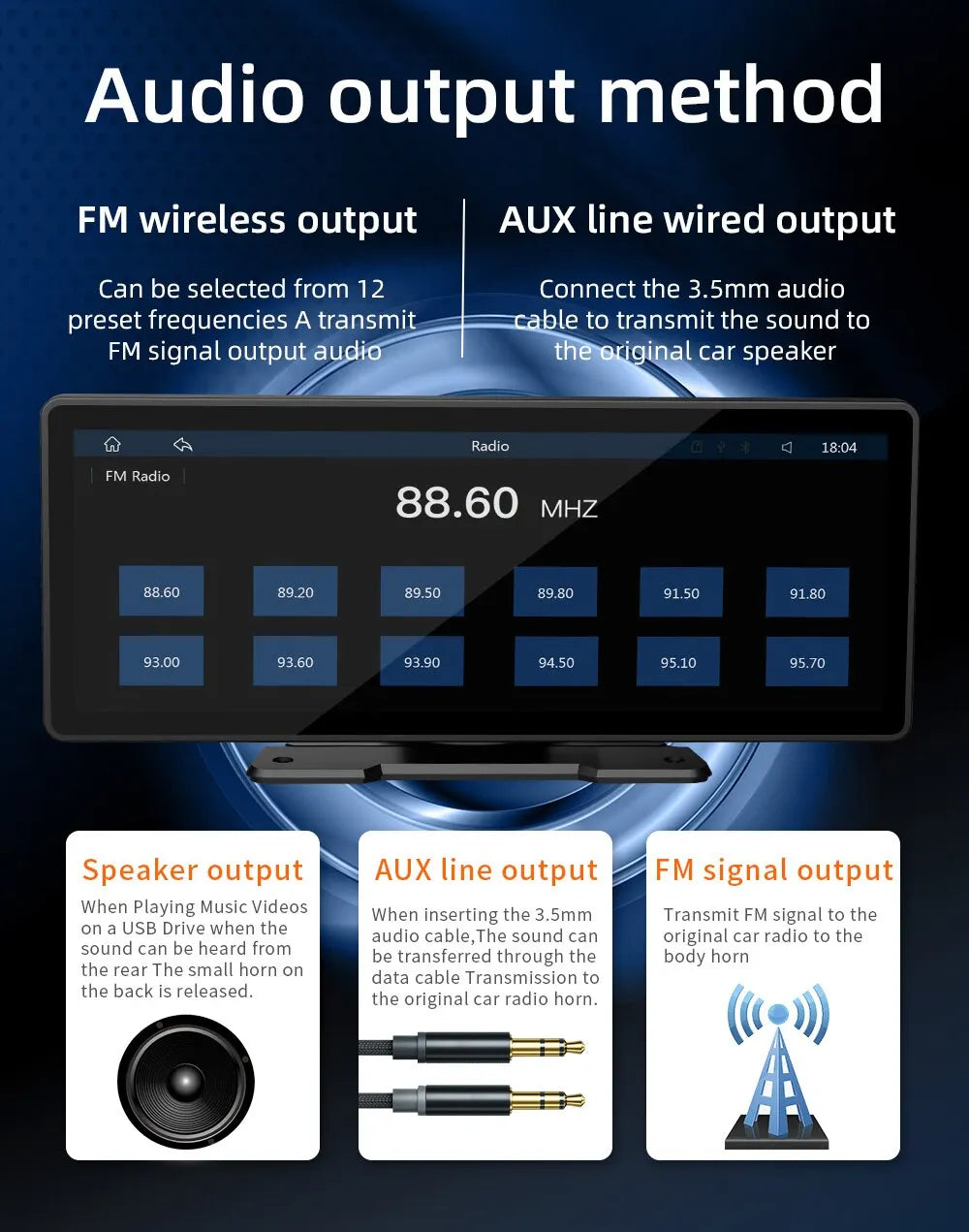 Audio output methods include FM wireless and AUX line wired output, with 12 preset frequencies and frequency range from 88.60 MHz to 95.70 MHz.