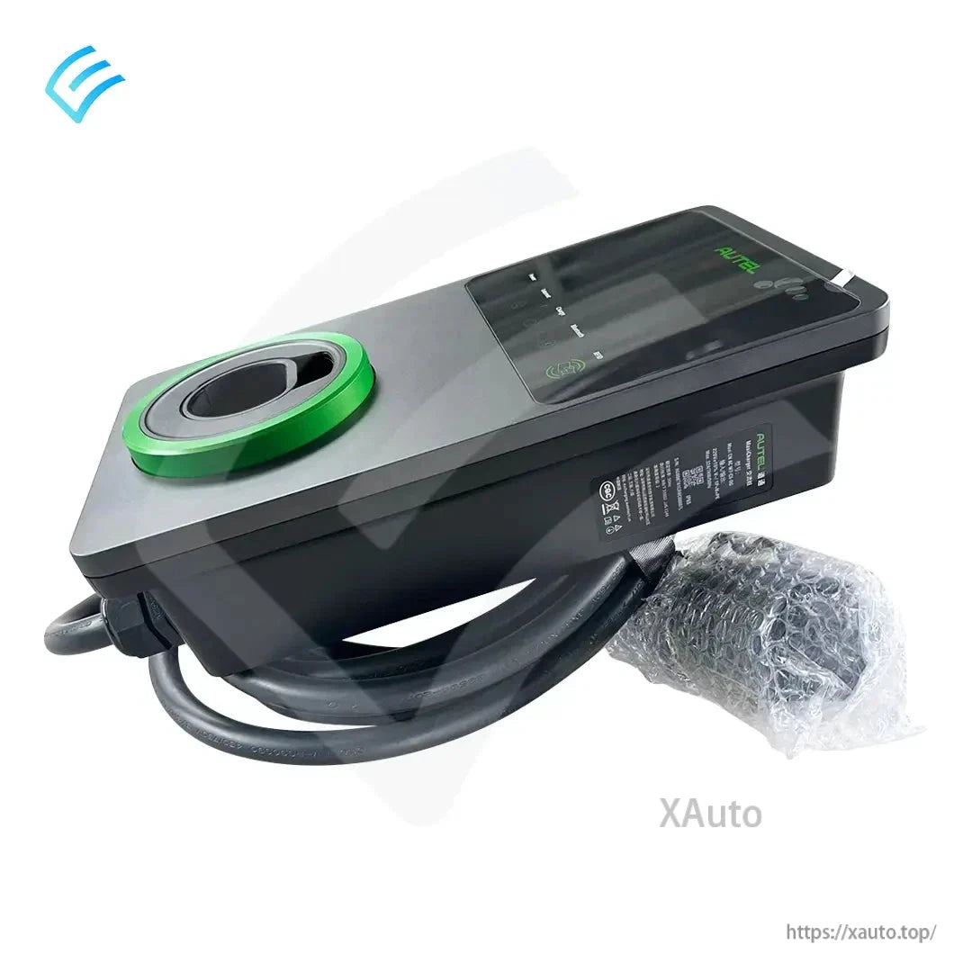 Angled view of Autel MaxiCharger AC EV charger with product label on side and cable end wrapped