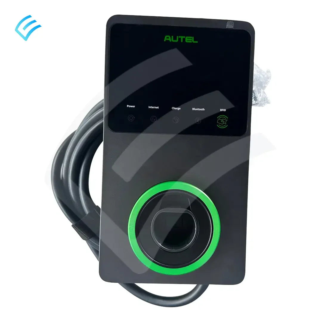 Autel MaxiCharger AC wallbox EV charger front view with green LED ring and coiled charging cable