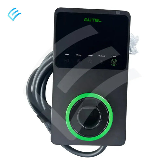 Autel MaxiCharger AC wallbox EV charger front view with green LED ring and coiled charging cable