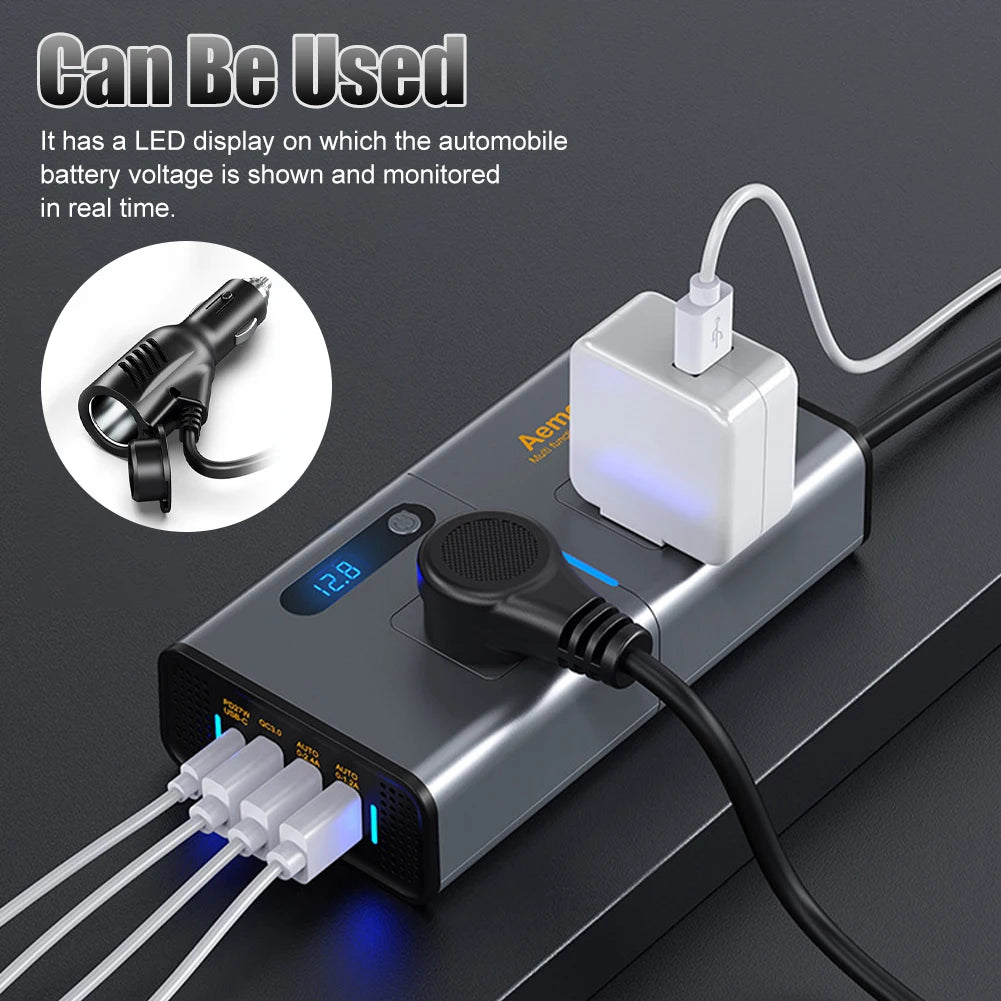 Automobile battery voltage monitored in real-time by LED display on car inverter.