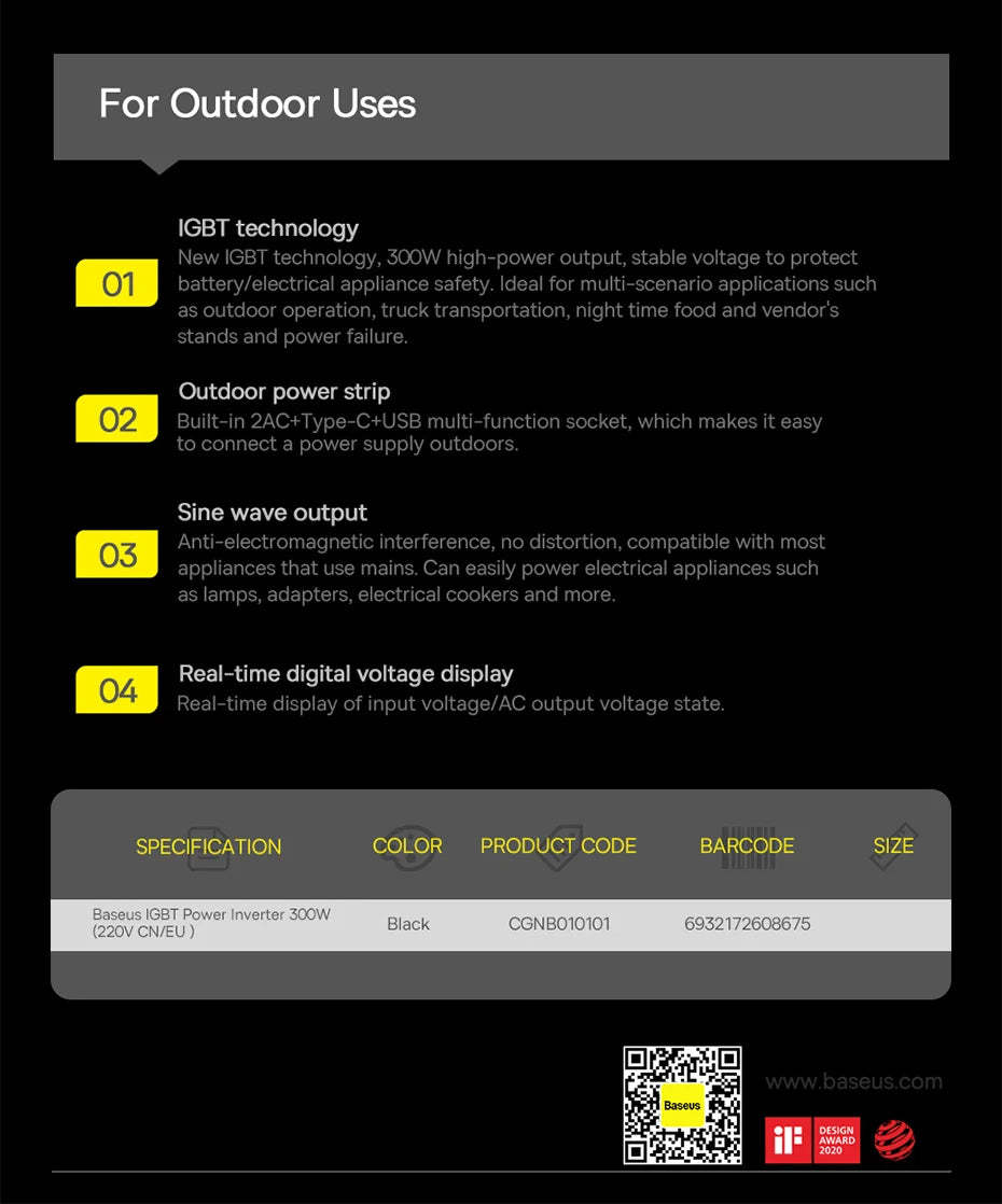 Baseus 500W Pure Sine Wave Inverter, A 500W pure sine wave inverter for camping and cars, converting 12V to 220V/110V with an auto power socket.