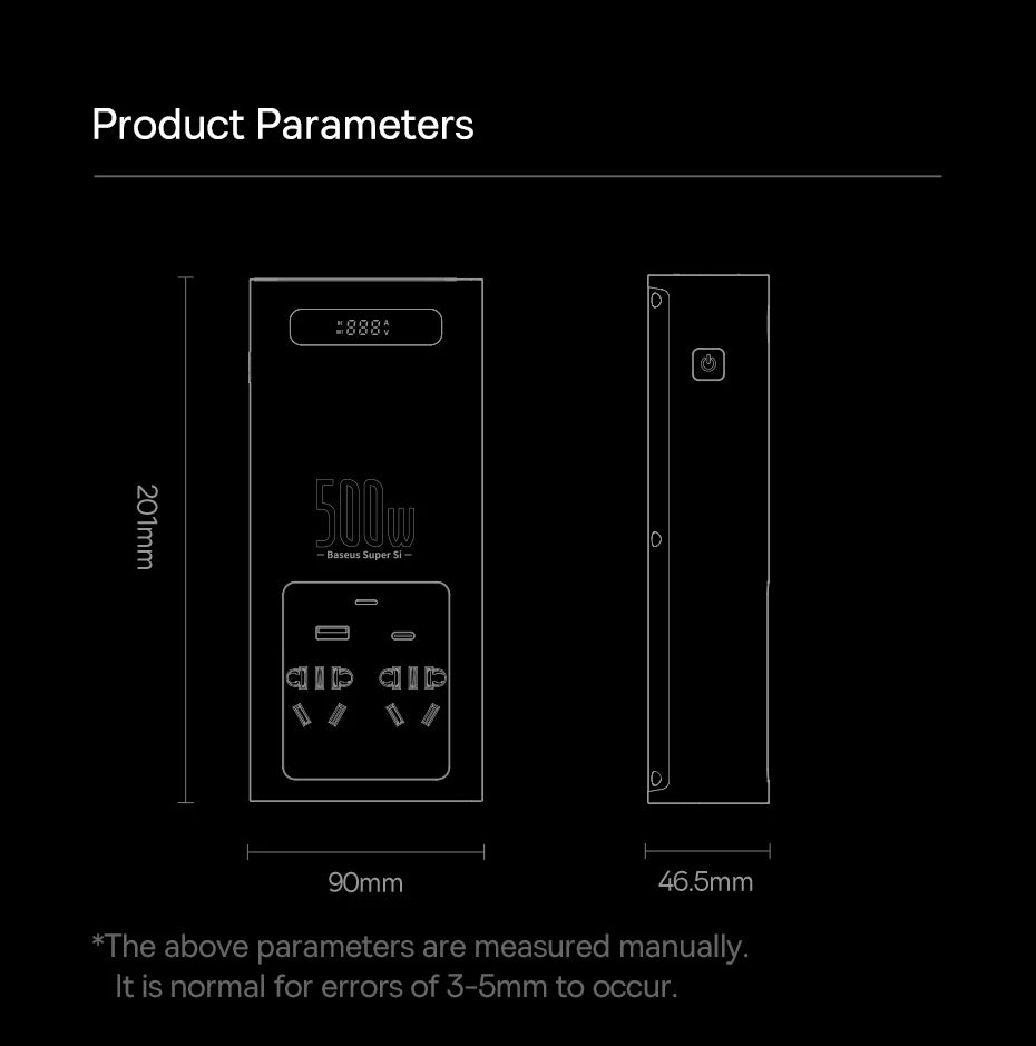 Baseus 500W Pure Sine Wave Inverter, Baseus 500W Inverter: High-power DC inverter for 12V/24V power conversion with compact design and heavy-duty steel case.