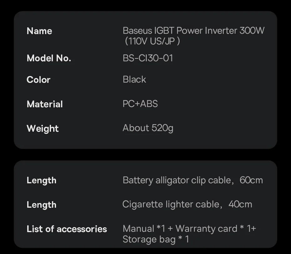 Baseus 500W Pure Sine Wave Inverter, Baseus IGBT Power Inverter 500W specifications and accessories, including manual, warranty card, and storage bag.