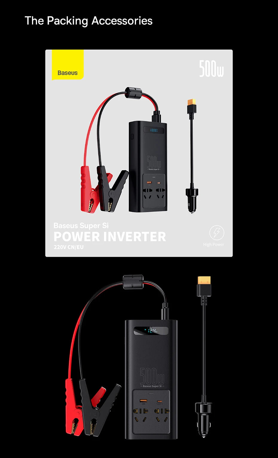 Baseus 500W Pure Sine Wave Inverter, Baseus inverter with packing accessories.