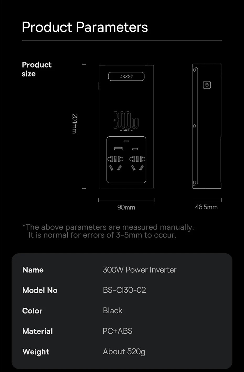 Baseus 500W Pure Sine Wave Inverter, Product parameters for a 3000W power inverter with dimensions, name, model number, color, material, and weight.