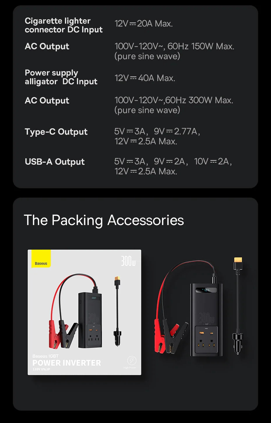 Baseus 500W Pure Sine Wave Inverter, The Baseus 500W Pure Sine Inverter features multiple input options, AC output and Type-C and USB-A outputs.