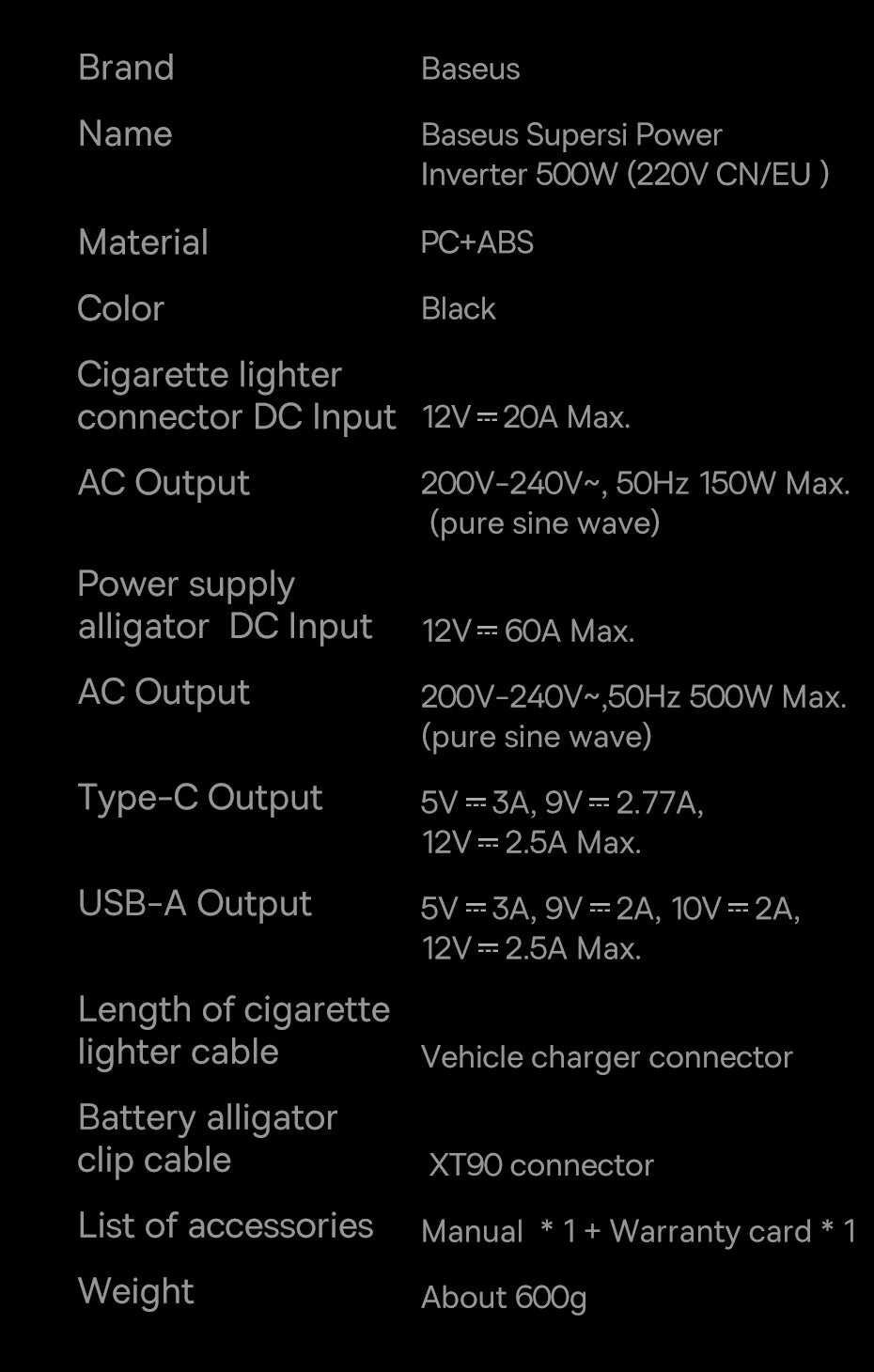 Baseus 500W Pure Sine Wave Inverter, The Baseus Supersi Power Inverter has a black color, features multiple outputs, including cigarette lighter connector and alligator clips, with pure sine wave output.