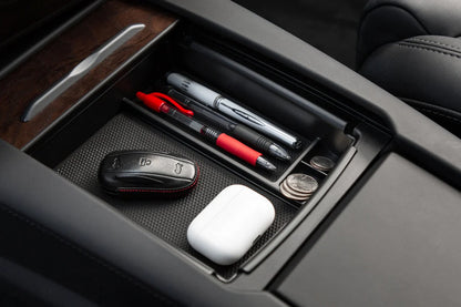 Tesla Model S & Model X Center Console Storage Shelf with Integrated Qi Wireless Charger – Easy Access Organizer for Small Items