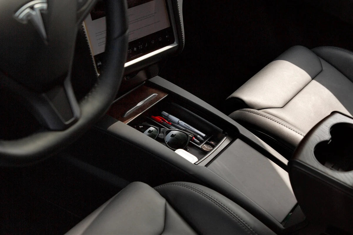 Tesla Model S & Model X Center Console Storage Shelf with Integrated Qi Wireless Charger – Easy Access Organizer for Small Items