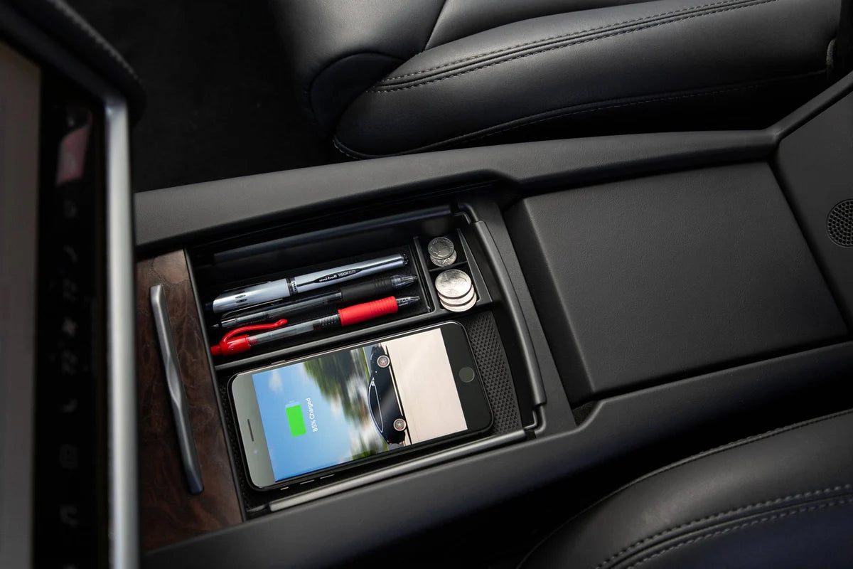 Tesla Model S & Model X Center Console Storage Shelf with Integrated Qi Wireless Charger – Easy Access Organizer for Small Items