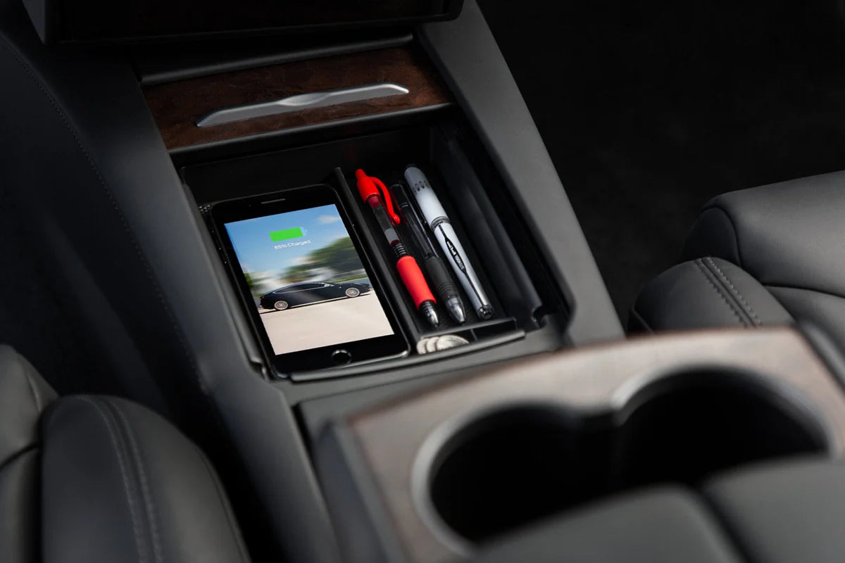 Tesla Model S & Model X Center Console Storage Shelf with Integrated Qi Wireless Charger – Easy Access Organizer for Small Items