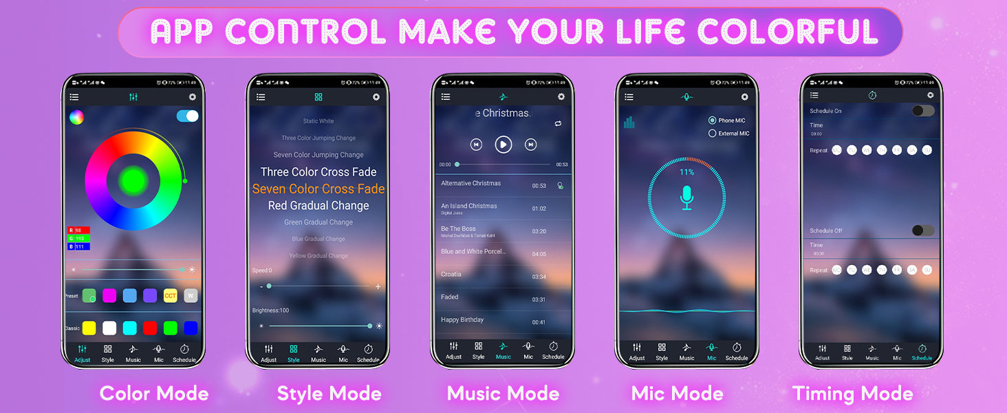 Car Accessories for Women: Interior Car Light, App-Control LED lights with scheduled Christmas lighting, four color schemes, and music/mic/timing modes for a harmonious display.