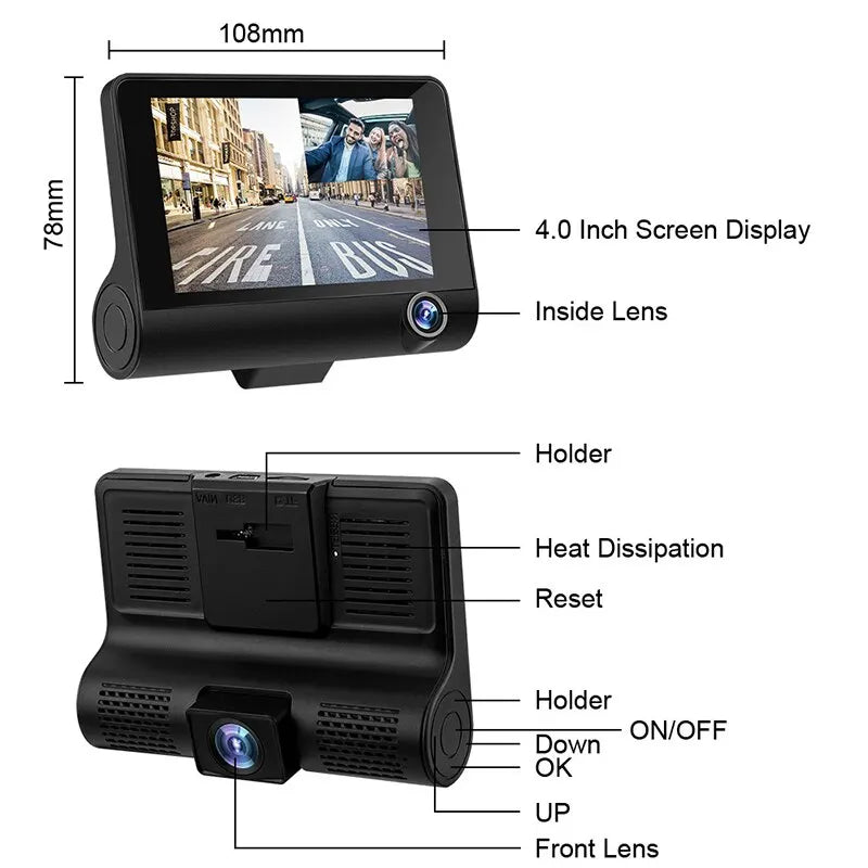 Car DVR, 108mm 0 x 4.0 inch screen display features heat dissipation, reset holder, and on/off design.