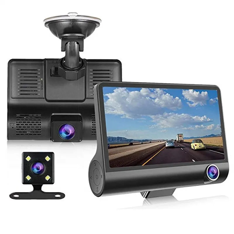 Car DVR, The product has a large screen, corded electric power source, and various features like night shot function and loop-cycle recording.