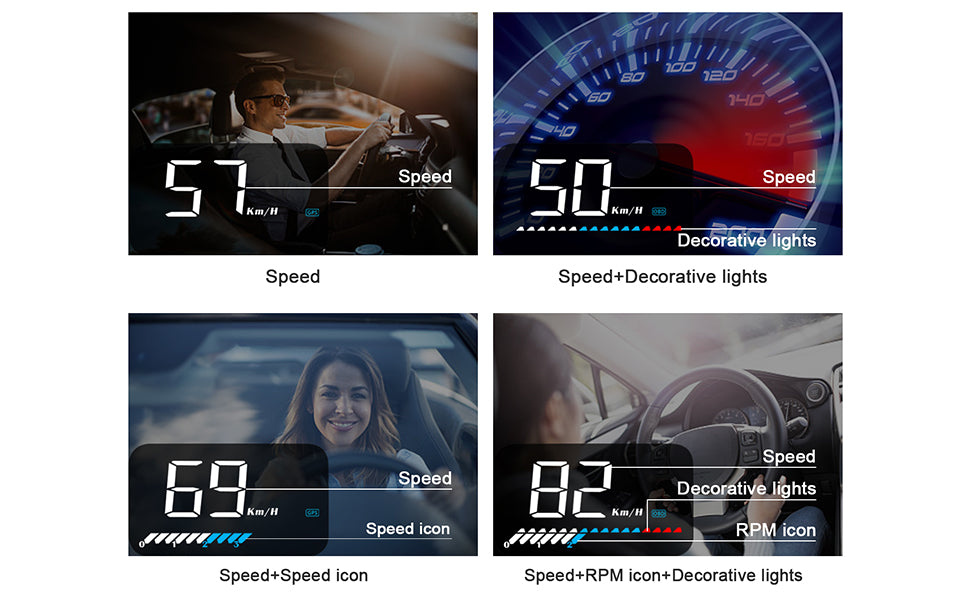 Car HUD, A car M7 gauge displays speed (km) with decorative lights and icons.