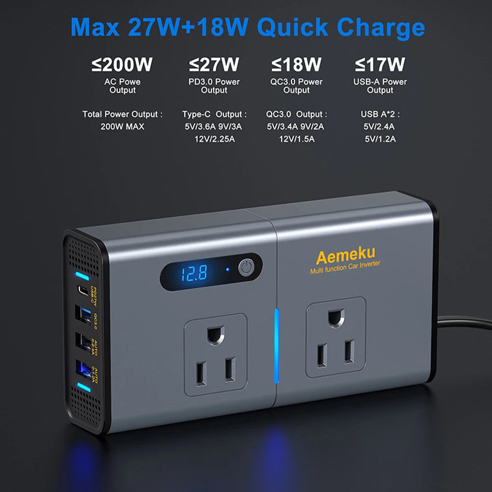 Car Inverter, A portable power adapter with Quick Charge and USB-A outputs, supporting up to 200W maximum power.