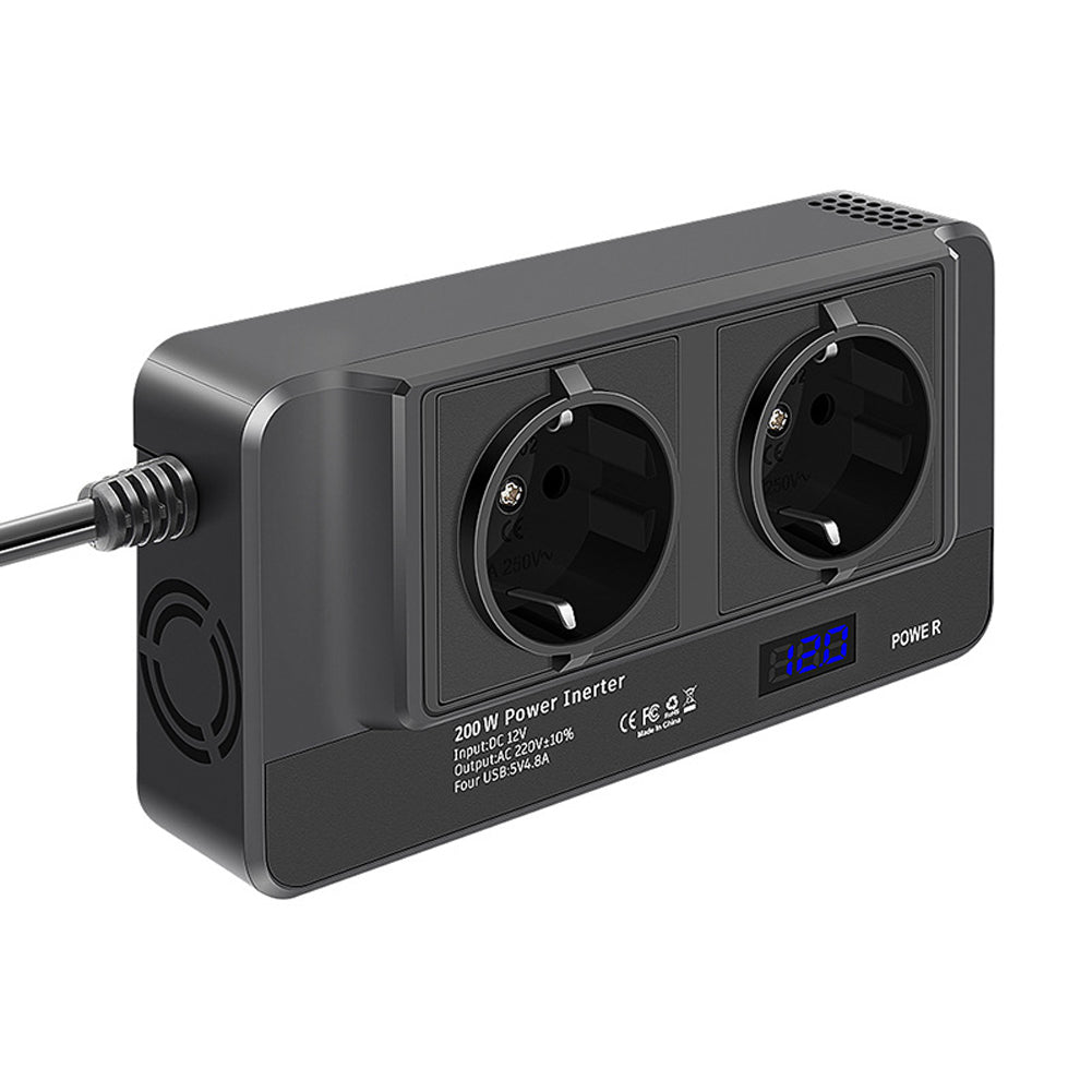Car Inverter, A reliable power converter that converts DC power from a car battery to AC power for home use.