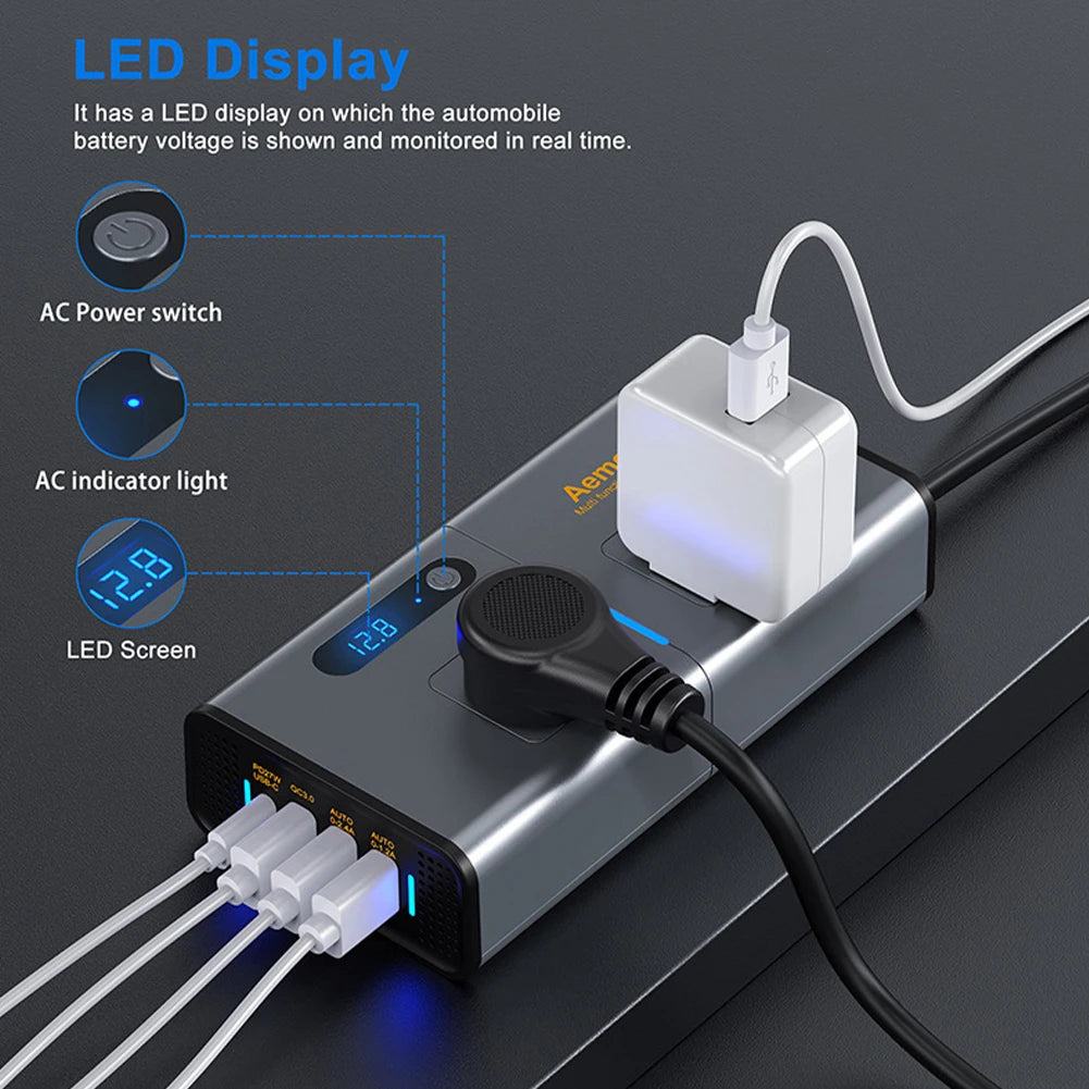 Car Inverter, Car Mate DC-USB Inverter has a LED display for battery voltage monitoring and includes an AC power switch and indicator light.