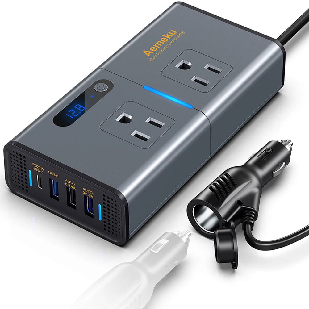 Car Inverter, Car power adapter for charging devices on-the-go, converts DC 12V to AC 110V/220V and features a Type-C USB port.