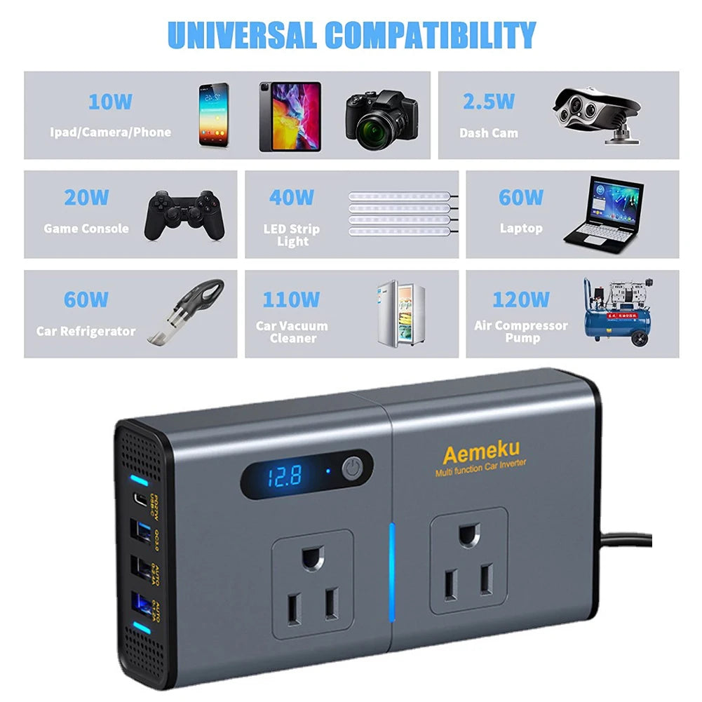 Car Inverter, Universal Inverter converts 1-2.5W output for devices like phones, game consoles, LED strips, laptops, and more, also supporting car refrigerators and other appliances.