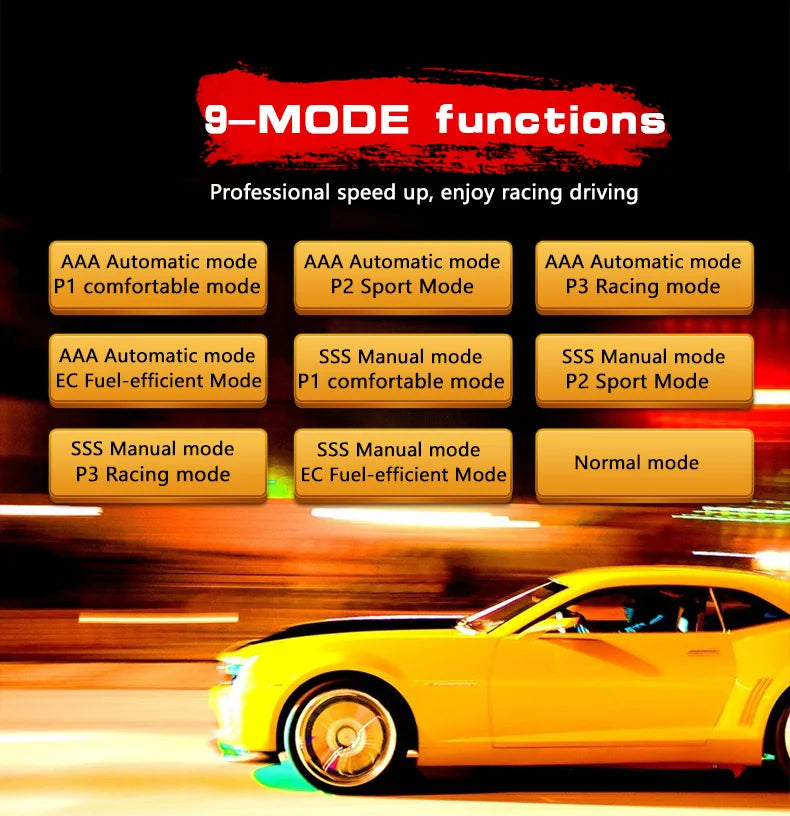 Car Throttle Accelerator, 9-MODE functions offer professional speedup for enhanced racing experience with various modes including Automatic, Comfortable, Sport, Racing, and more.