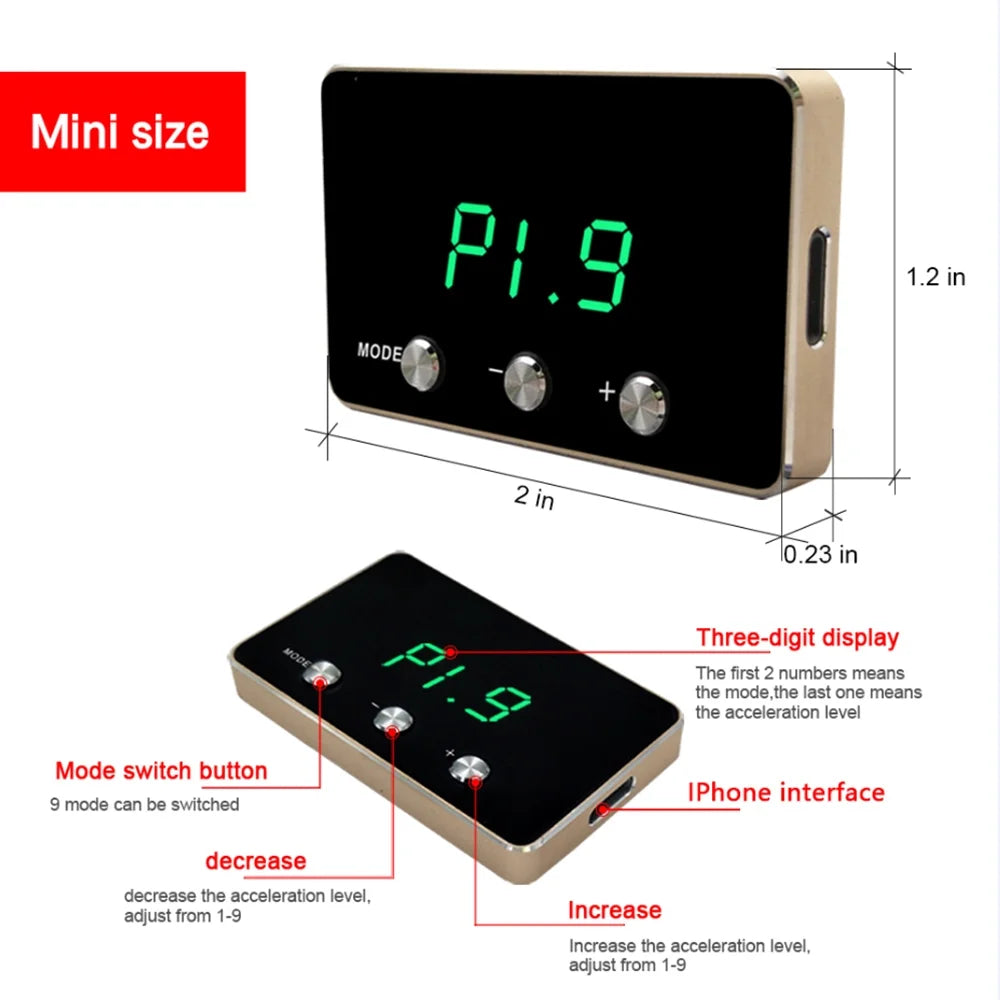 Car Throttle Accelerator, The device features a mini-sized display with a three-digit readout showing mode and acceleration levels, with a mode switch button.