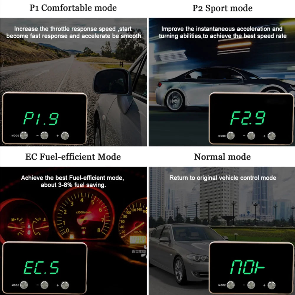 The Car Throttle Accelerator offers two modes: P1 Comfortable and P2 Sport, with features for improved acceleration and fuel efficiency.