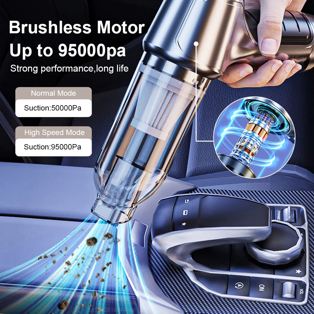 Car Vacuum Cleaner, Strong brushless motor with up to 95,000 PA performance and long lifespan.