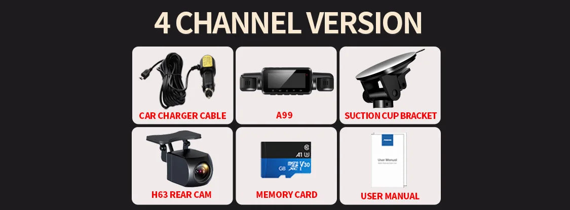 Car charger cable for Fondim A99 dash cam with suction cup bracket and VSOL H63 rear camera, including memory card and user manual.