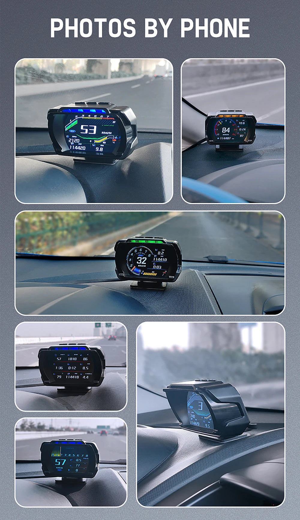 Car dashboard head-up display with various features