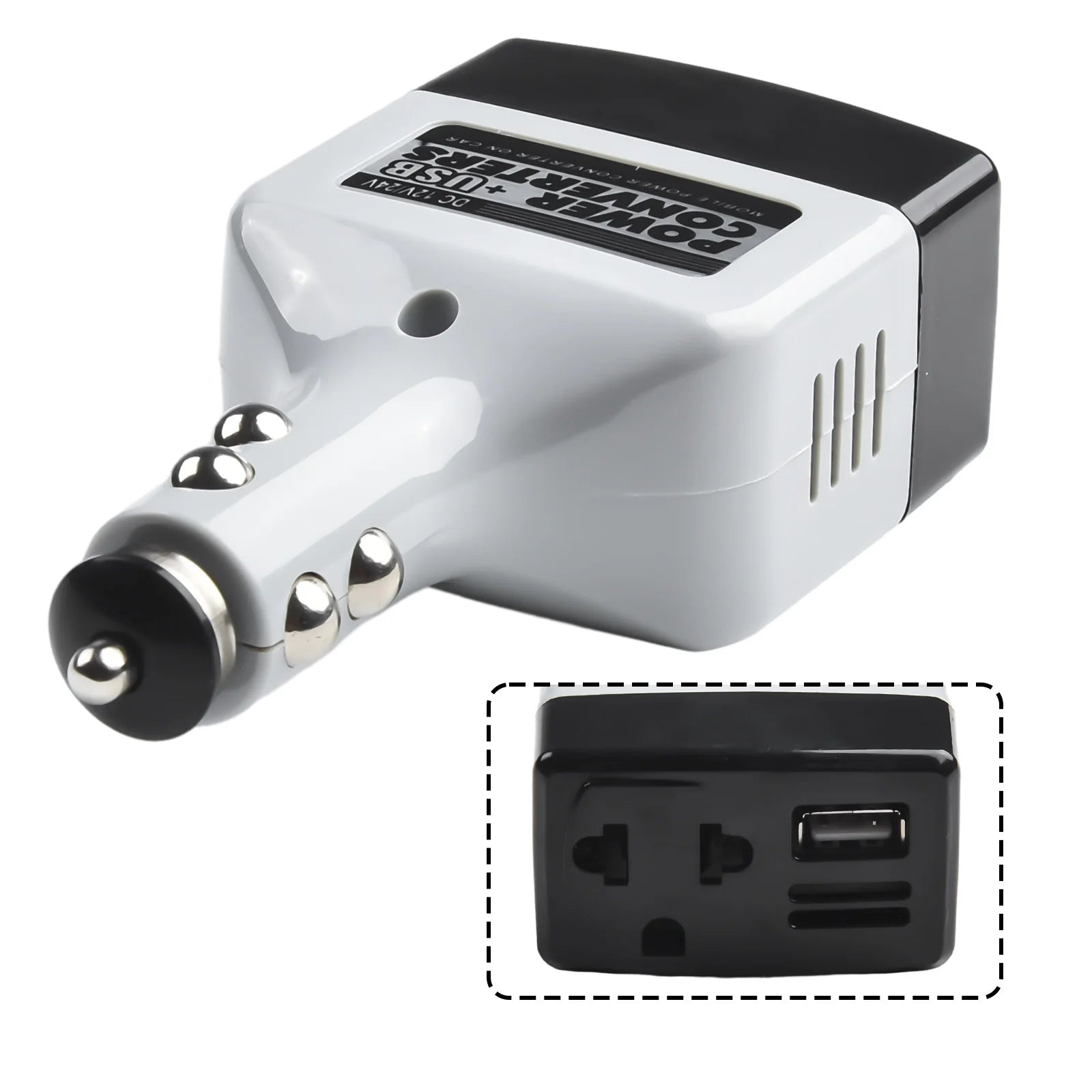 Car power adapter inverter with ABS flame retardant plastic housing, DC input, and two output options: 220V DC or 12V DC via USB.