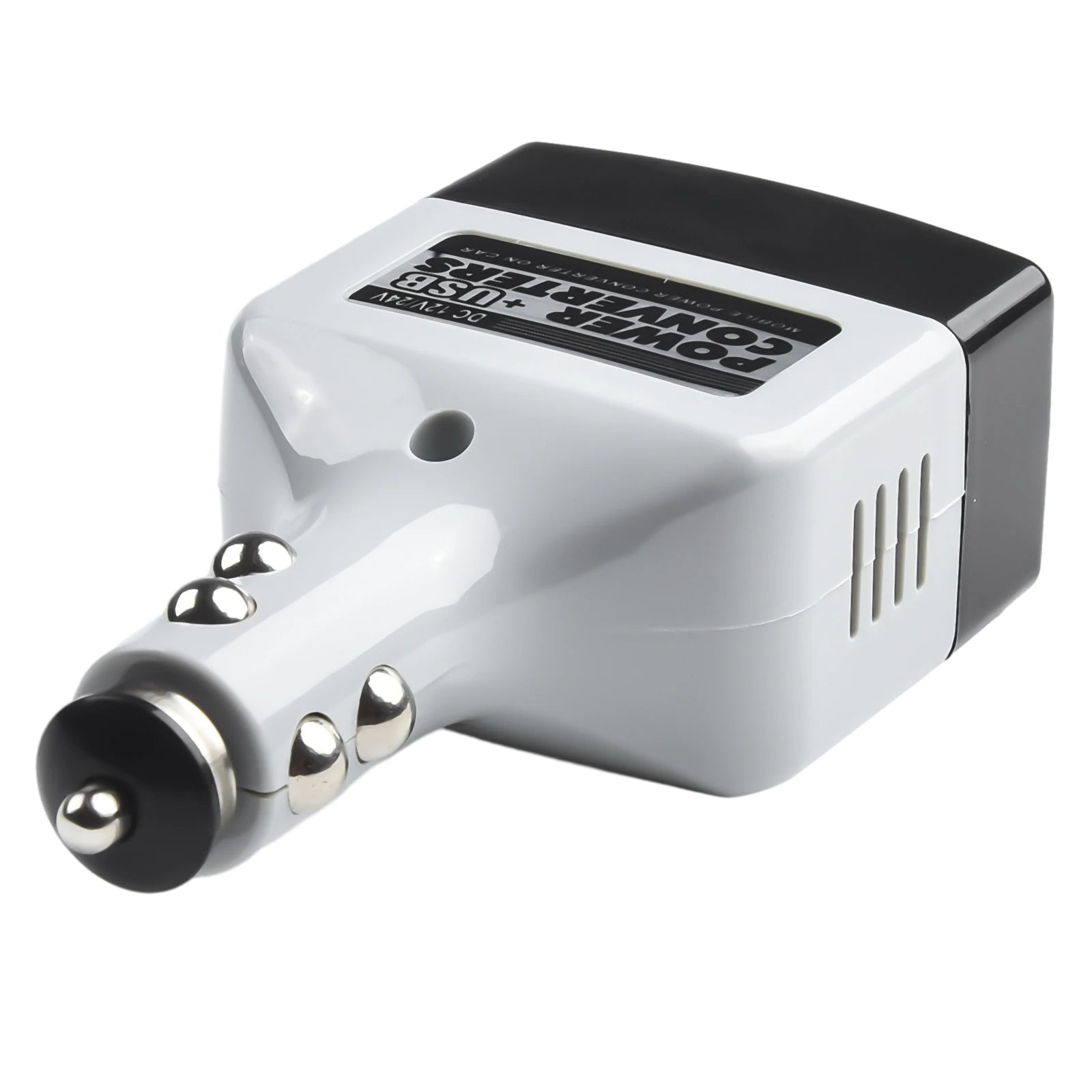 Car power inverter adapter converts 12V/24V DC to 220V AC with USB port.