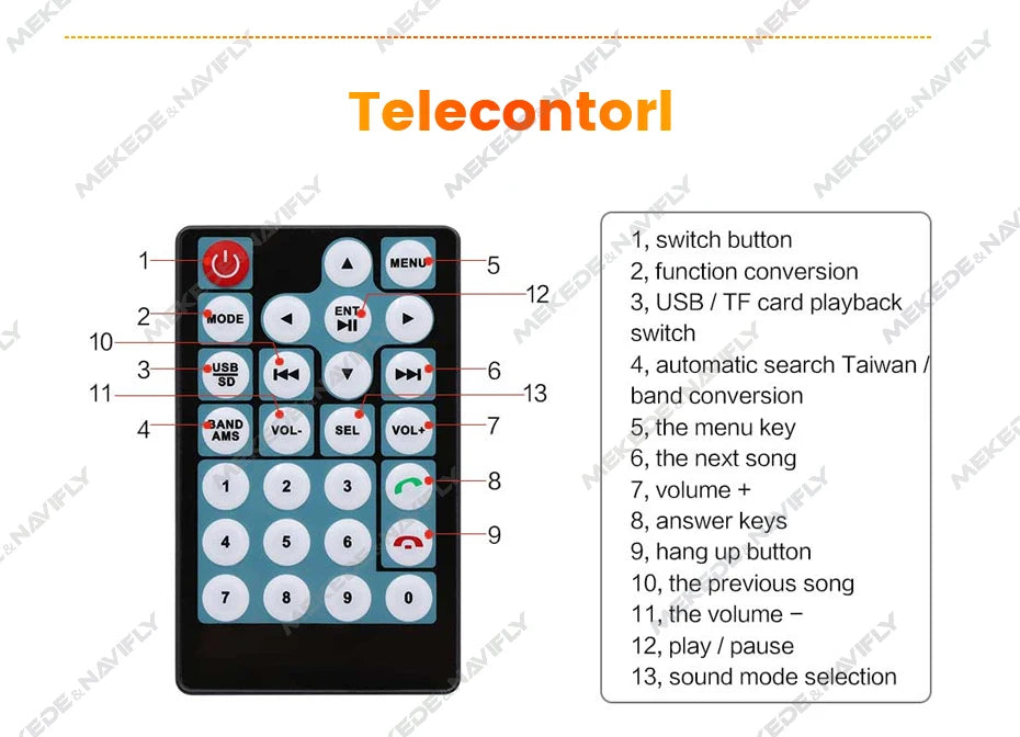 Car radio controls including menu navigation, playback modes, volume control, and sound mode selection.